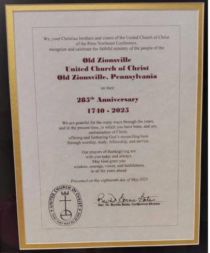 Framed certificate recognizing the church’s 285th anniversary.
