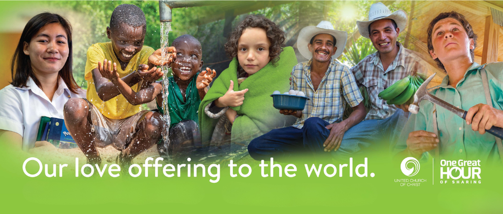 One Great Hour of Sharing promotional banner showing people from different communities around the world.